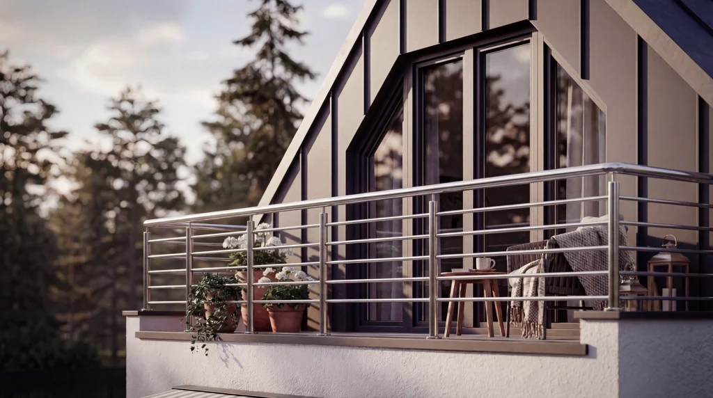 wizualizacja domu modułowego balkon i detal elewacji w nowoczesnym stylu