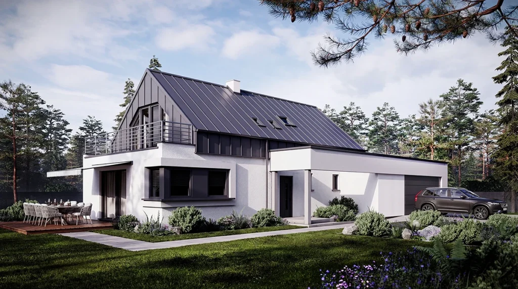 Wizualizacja domu modułowego z nowoczesną elewacją i ogrodem