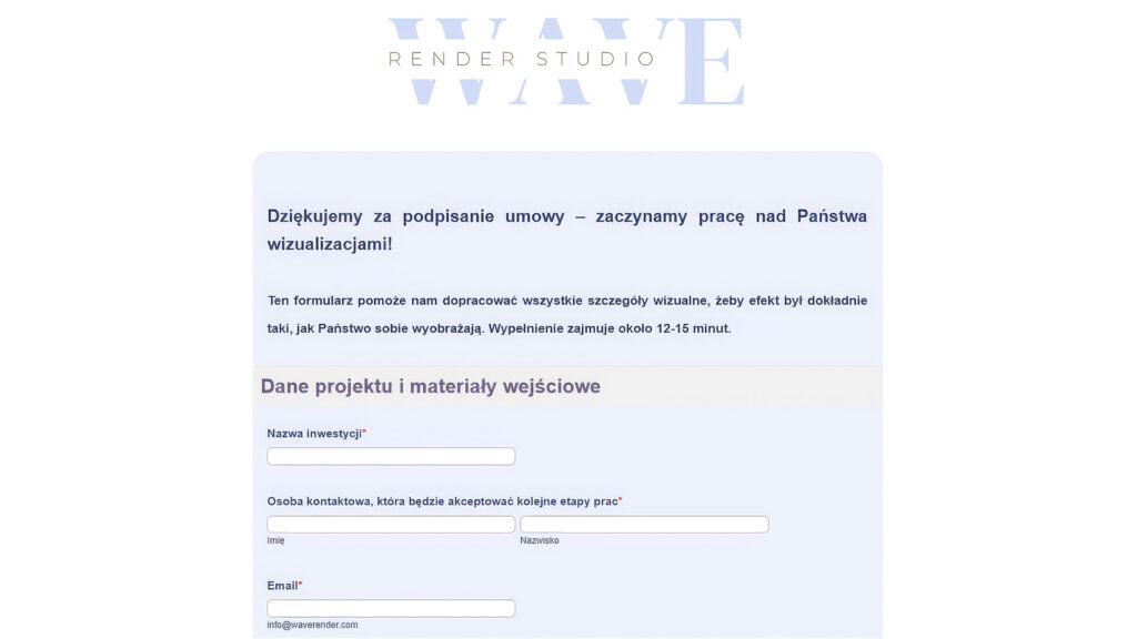 fragment formularza brief do wizualizacji 3D Wave Render Studio wypełniany po podpisaniu umowy