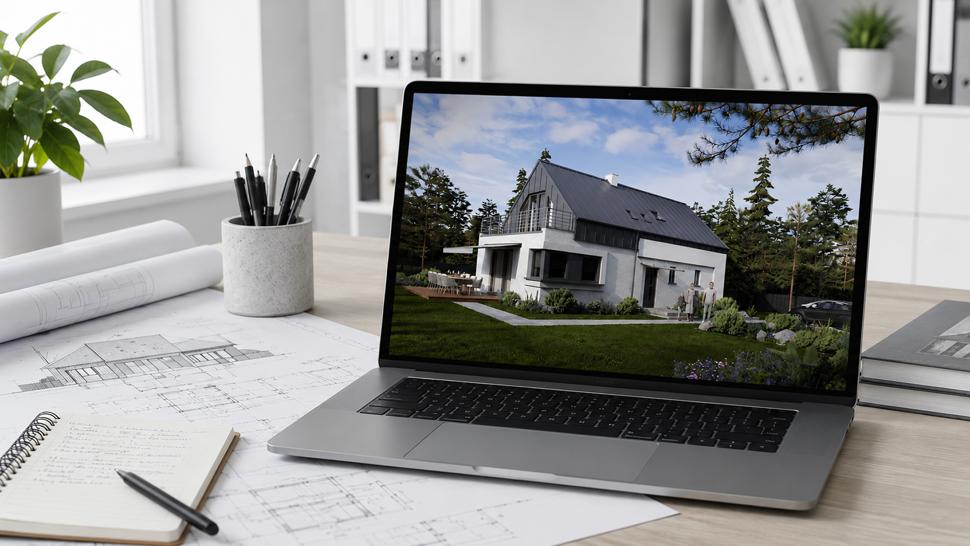 laptop z gotową wizualizacją 3D domu na biurku obok rzutów i odręcznych notatek jako efekt dobrze przygotowanego briefu