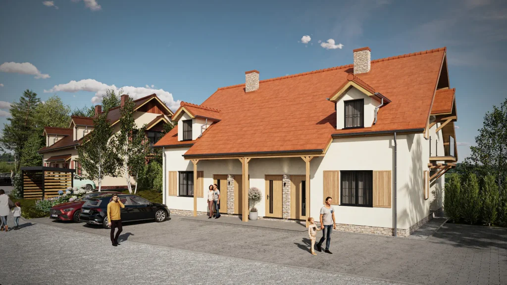 Wizualizacja zewnętrzna inwestycji z podjazdem, zielenią i sąsiadującą zabudową
